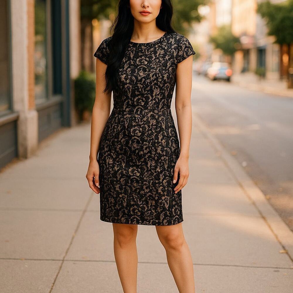 Talbots sz 2 black lace sheath dress cap sleeve cocktail semi formal